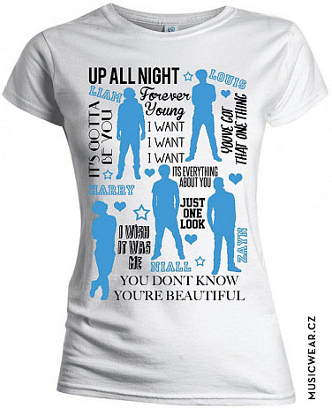 One Direction tričko, Silhouette Lyrics Blue on White, dámské