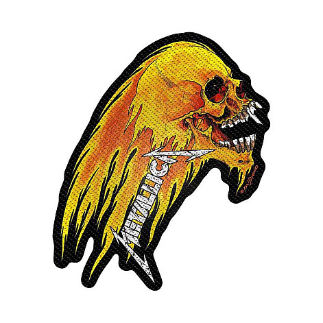 Metallica tkaná nášivka PES 90 x 30 mm, Flaming Skull Cut-Out