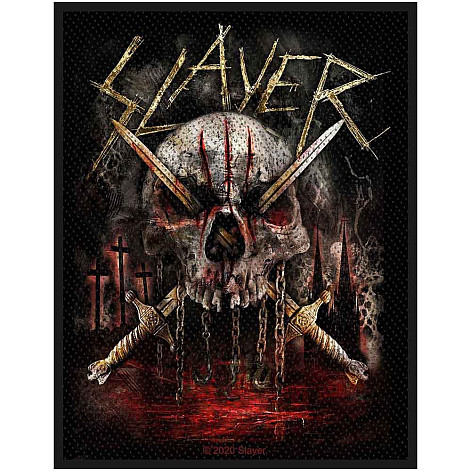 Slayer tkaná nášivka PES 100x50 mm, Skull & Swords