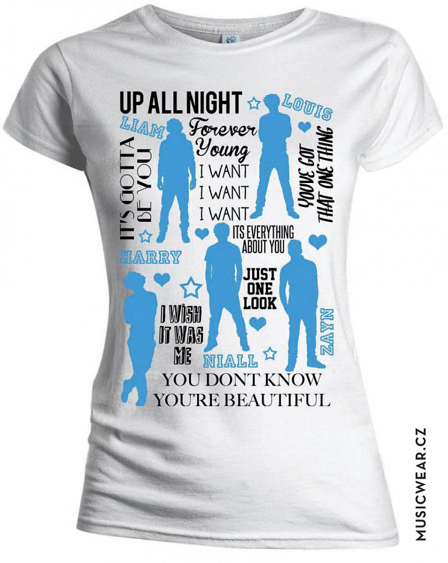 One Direction tričko, Silhouette Lyrics Blue on White, dámské, velikost S