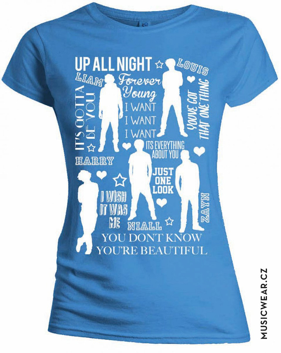 One Direction tričko, Silhouette Lyrics White on Blue, dámské, velikost L