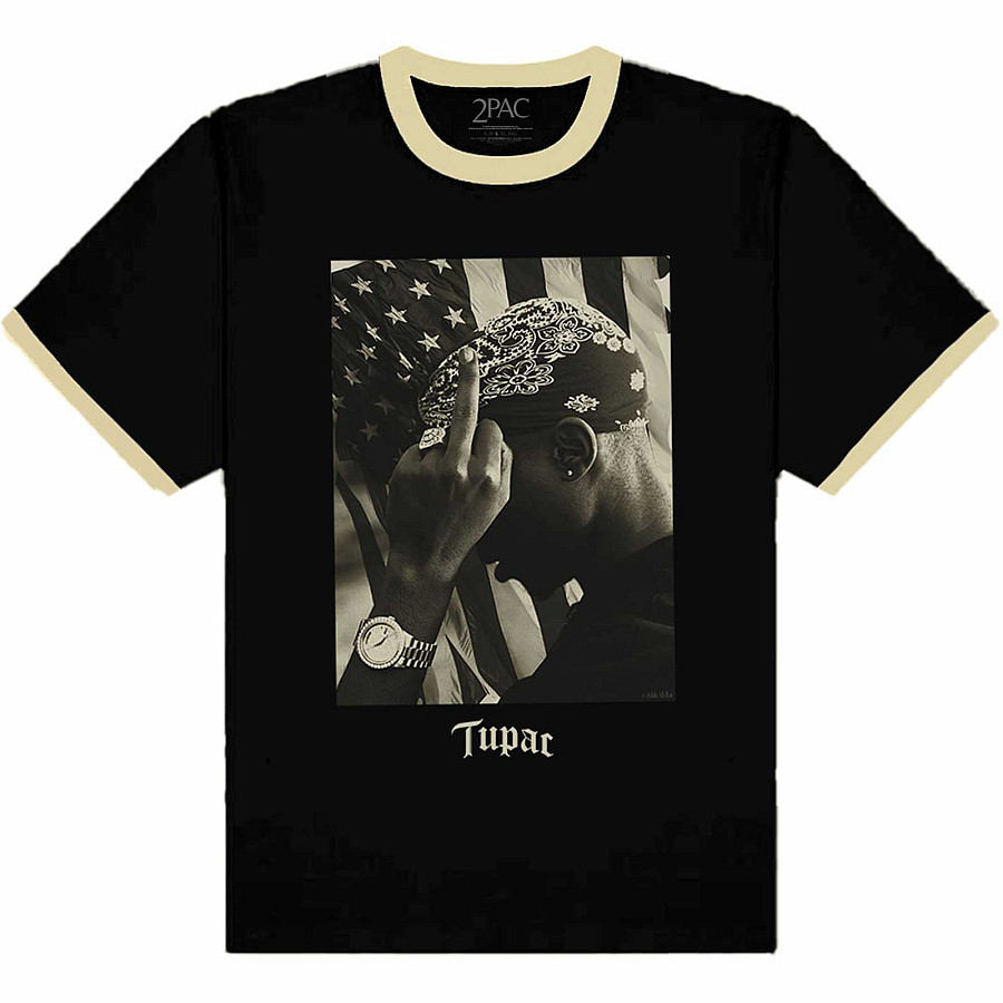 Tupac tričko, Flag Photo Black &amp; Cream, pánské, velikost S