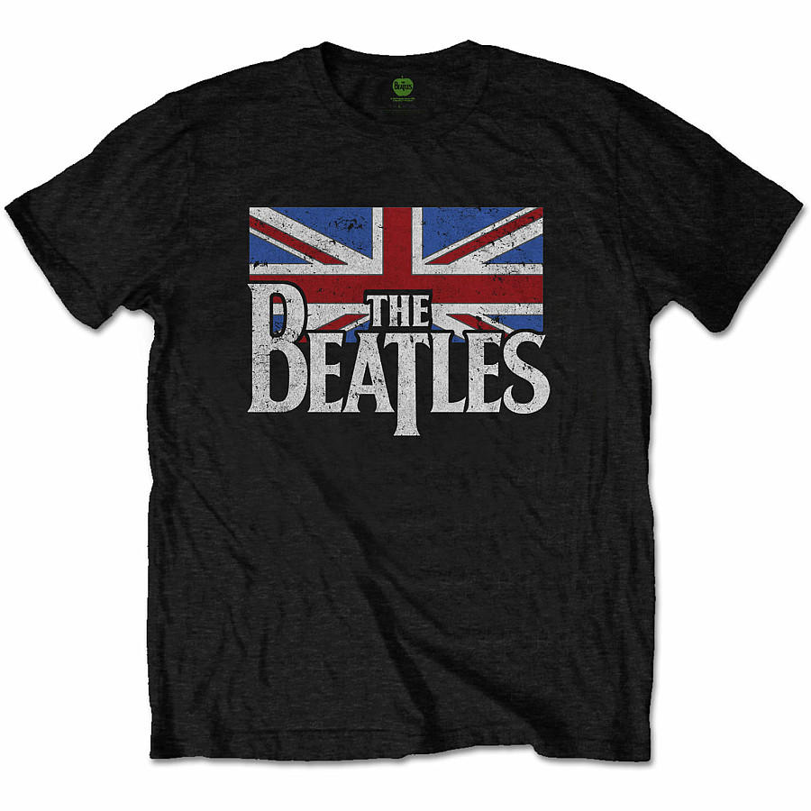 The Beatles tričko, Drop T Logo &amp; Vintage Flag Black, pánské, velikost S