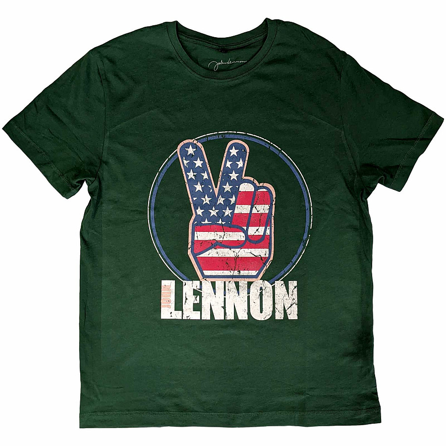 John Lennon tričko, Peace Fingers US Flag Green, pánské, velikost S