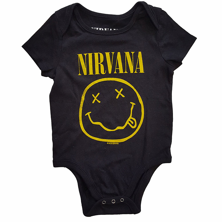 Nirvana kojenecké body tričko, Yellow Smiley Black, dětské, velikost L velikost L (9 měsíců)