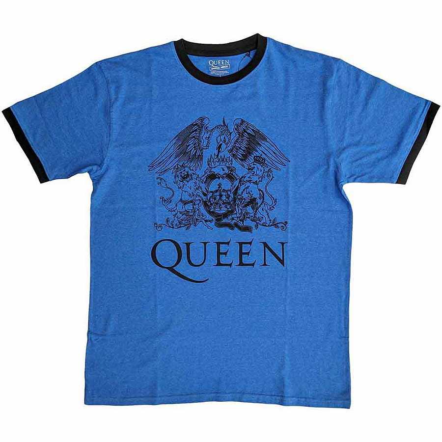 Queen tričko, Crest Logo Ringer Eco Blue, pánské, velikost L