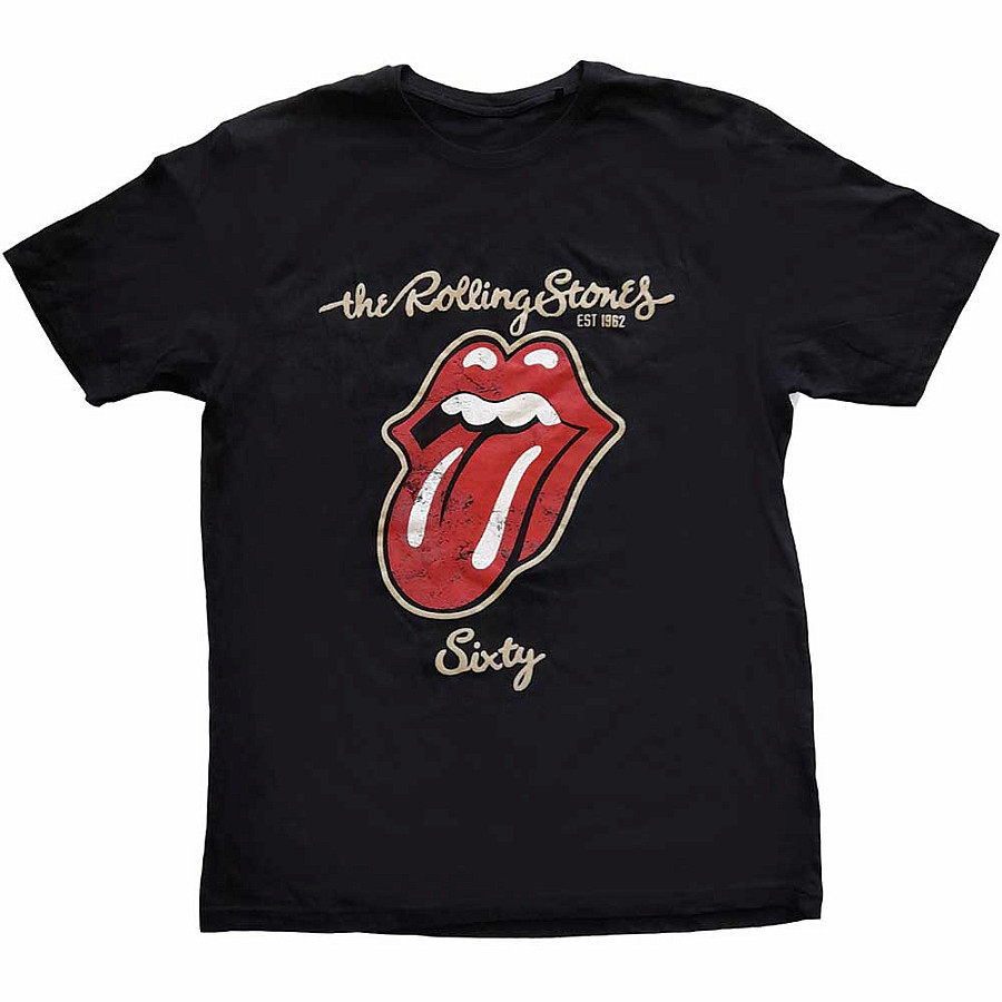 Rolling Stones tričko, Sixty Plastered Tongue Suede Applique Black, pánské, velikost S